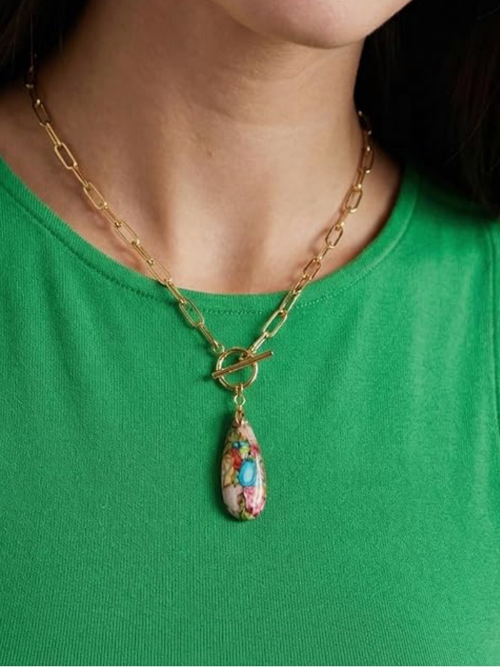 New Anthropologie Gold Chain Necklace with Multicolor Teardrop Pendant